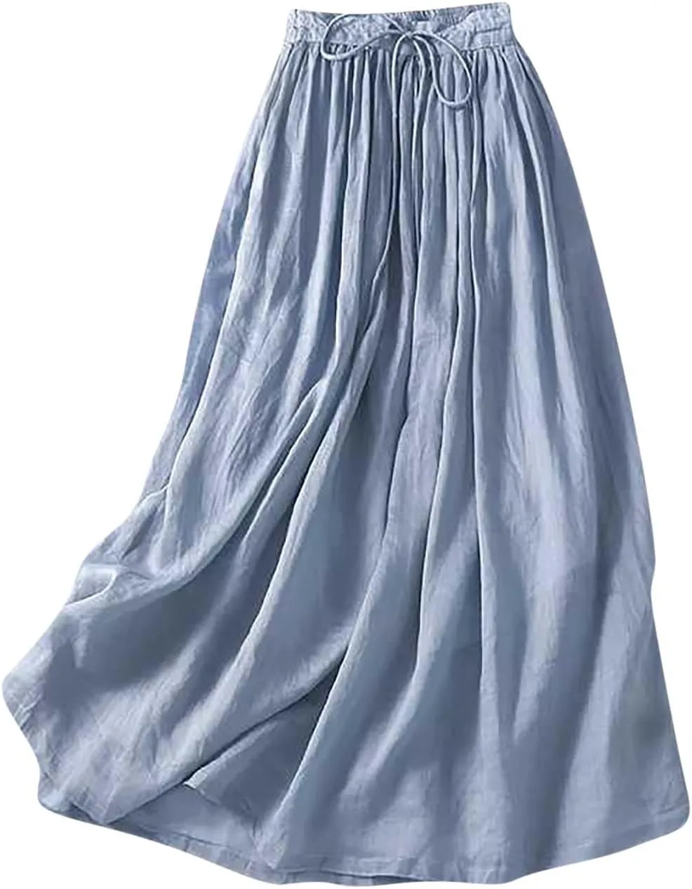 Women's Summer Boho Maxi Skirt Drawstring Waist A-Line Flowy Beach Long Skirts Cotton Linen Pleated Swing Dresses