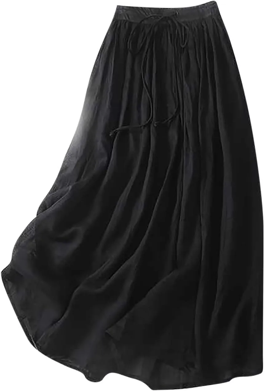 Women's Summer Boho Maxi Skirt Drawstring Waist A-Line Flowy Beach Long Skirts Cotton Linen Pleated Swing Dresses