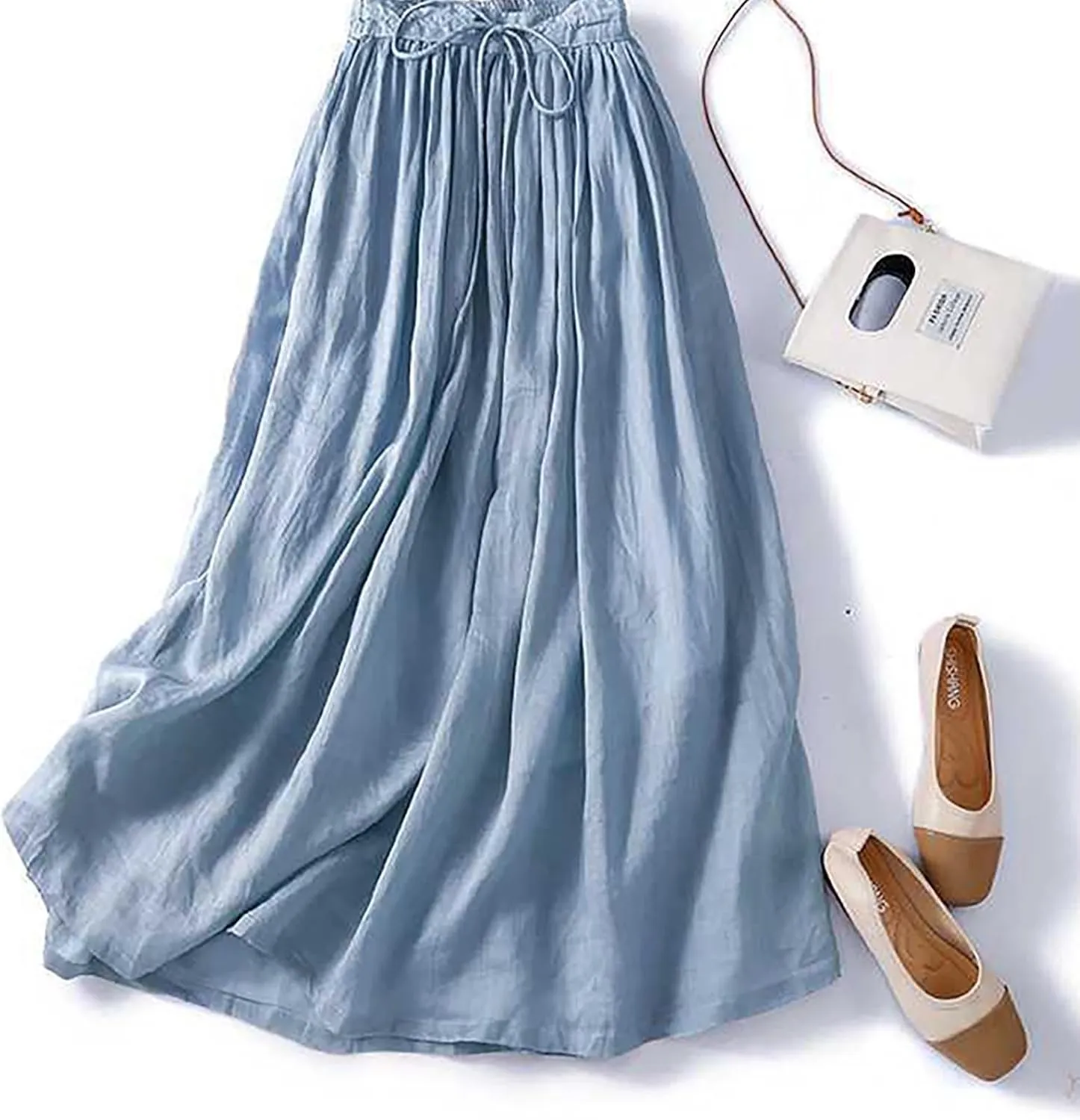 Women's Summer Boho Maxi Skirt Drawstring Waist A-Line Flowy Beach Long Skirts Cotton Linen Pleated Swing Dresses
