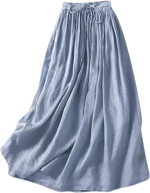 Women's Summer Boho Maxi Skirt Drawstring Waist A-Line Flowy Beach Long Skirts Cotton Linen Pleated Swing Dresses