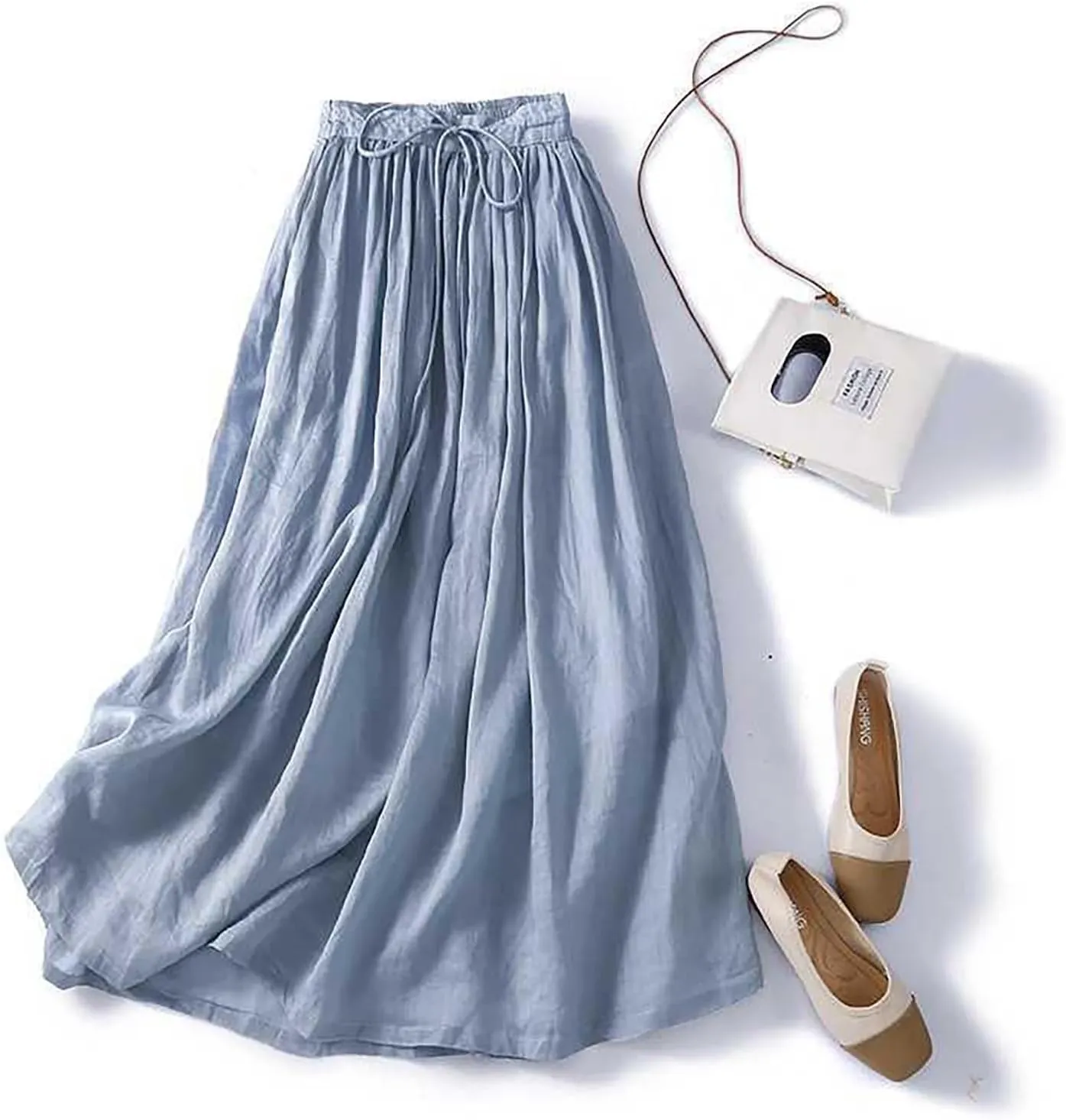 Women's Summer Boho Maxi Skirt Drawstring Waist A-Line Flowy Beach Long Skirts Cotton Linen Pleated Swing Dresses