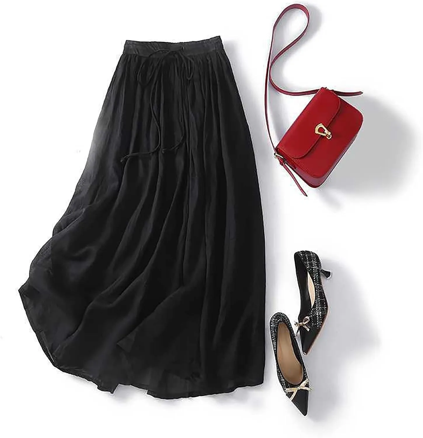 Women's Summer Boho Maxi Skirt Drawstring Waist A-Line Flowy Beach Long Skirts Cotton Linen Pleated Swing Dresses
