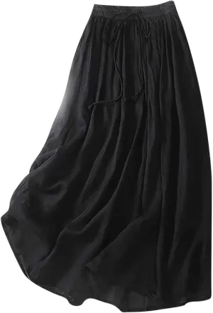 Women's Summer Boho Maxi Skirt Drawstring Waist A-Line Flowy Beach Long Skirts Cotton Linen Pleated Swing Dresses