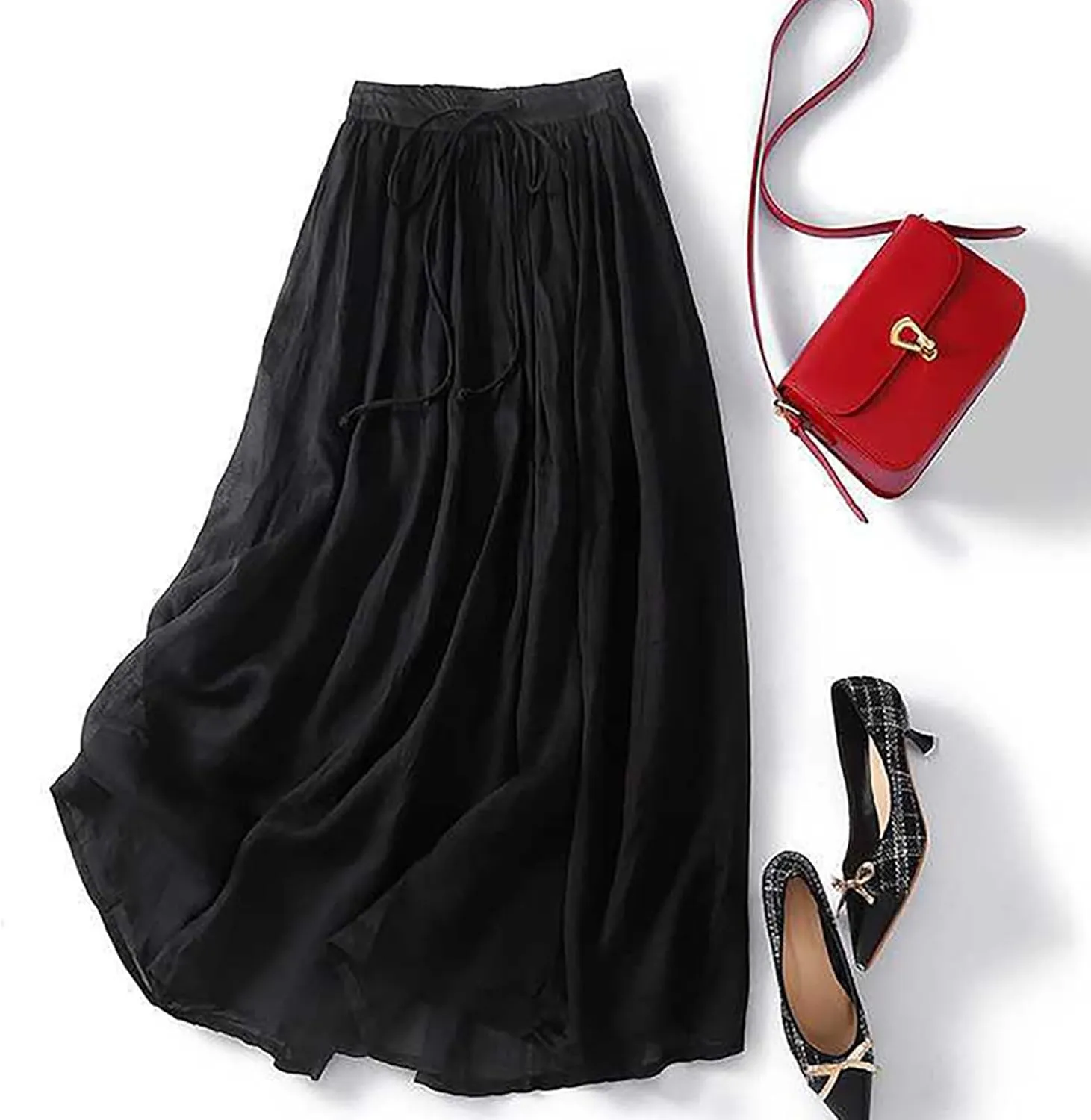 Women's Summer Boho Maxi Skirt Drawstring Waist A-Line Flowy Beach Long Skirts Cotton Linen Pleated Swing Dresses