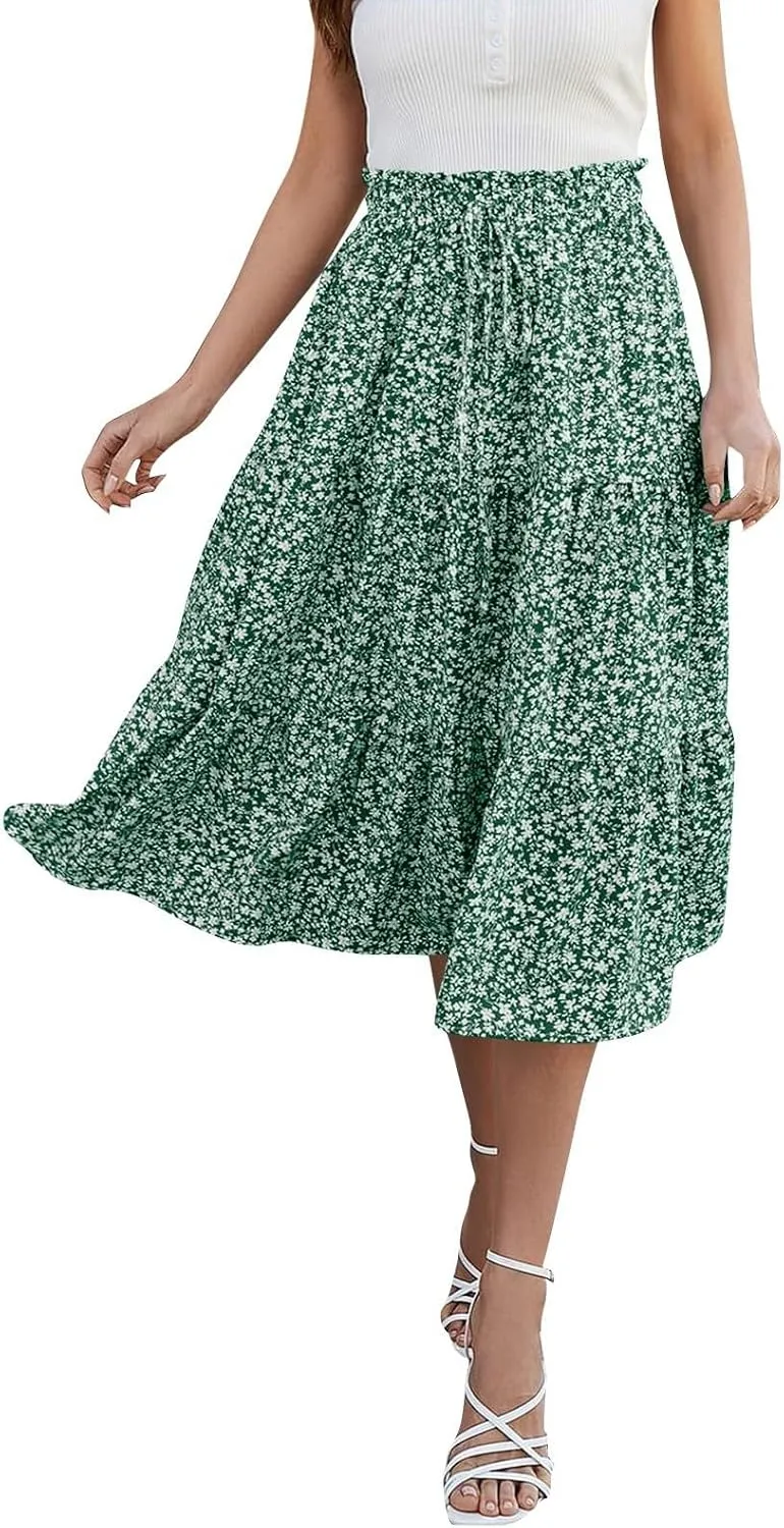 Womens Summer Casual A-Line Long Skirt Tiered High Waist Beach Outfits Elastic Waist Bohemian Print Maxi Skirt