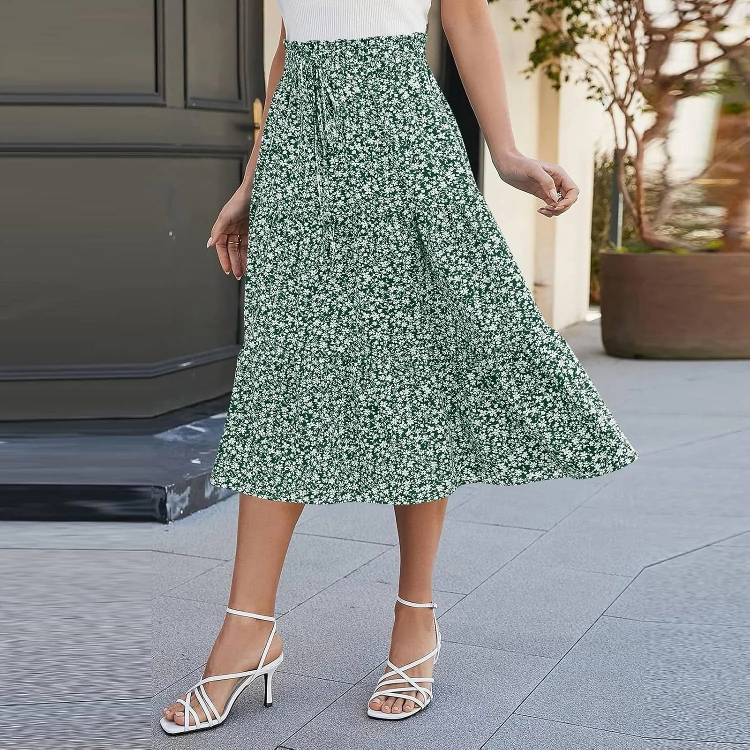 Womens Summer Casual A-Line Long Skirt Tiered High Waist Beach Outfits Elastic Waist Bohemian Print Maxi Skirt