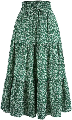 Womens Summer Casual A-Line Long Skirt Tiered High Waist Beach Outfits Elastic Waist Bohemian Print Maxi Skirt