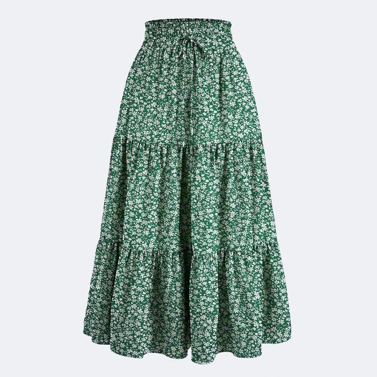 Womens Summer Casual A-Line Long Skirt Tiered High Waist Beach Outfits Elastic Waist Bohemian Print Maxi Skirt