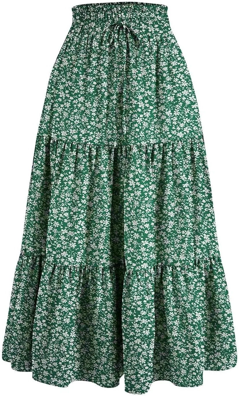 Womens Summer Casual A-Line Long Skirt Tiered High Waist Beach Outfits Elastic Waist Bohemian Print Maxi Skirt