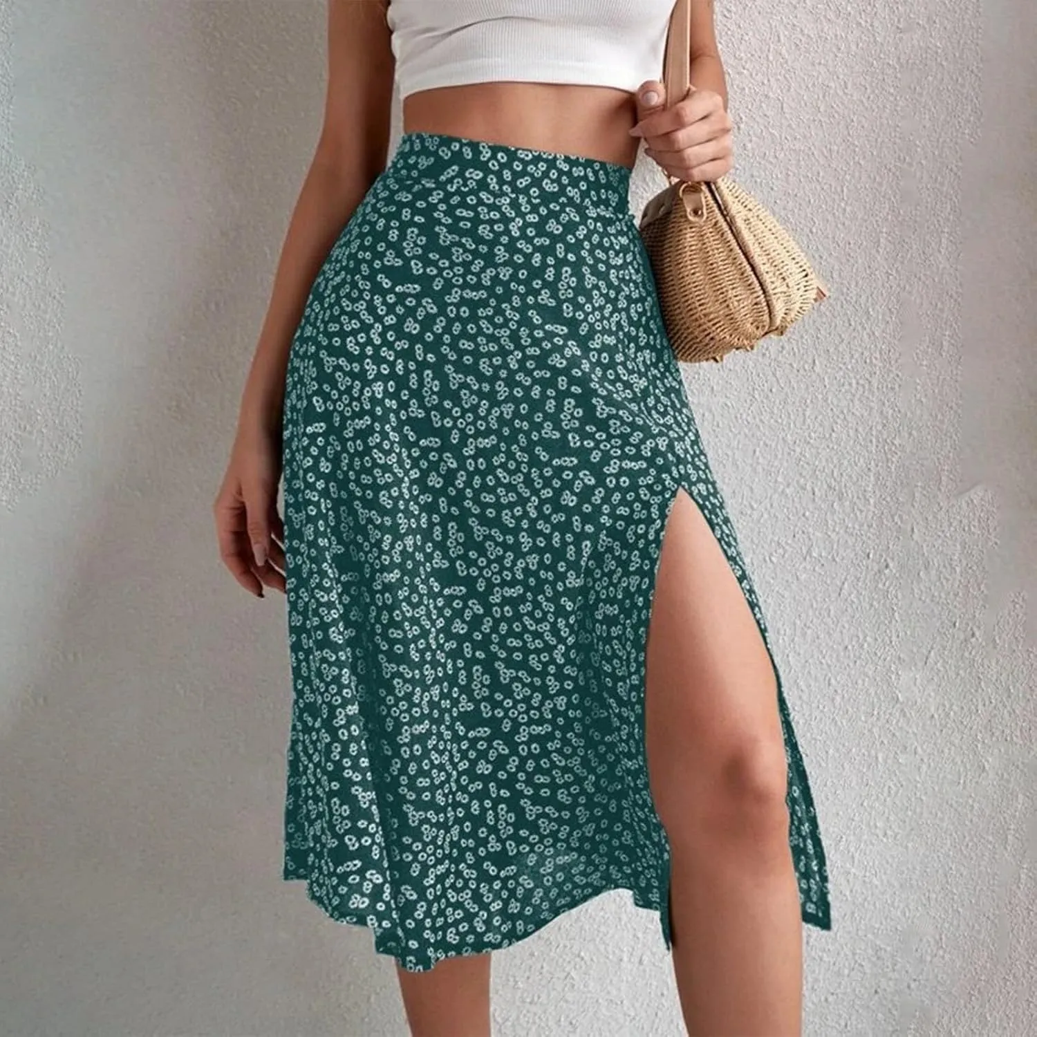 Women's Summer Casual Loose Trendy Elastic High Waist Floral Print Bohemian Split Sun Beach Midi Skirts, S-3XL