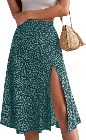 Women's Summer Casual Loose Trendy Elastic High Waist Floral Print Bohemian Split Sun Beach Midi Skirts, S-3XL