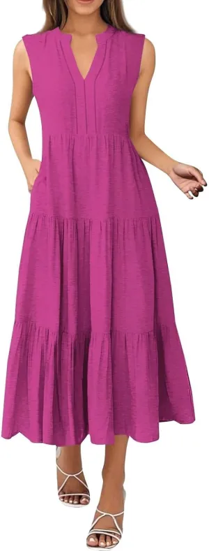 Womens Summer Casual Sleeveless V Neck Maxi Dress 2025 Spring Tie Waist A-Line Flowy Tiered Boho Long Beach Sundress