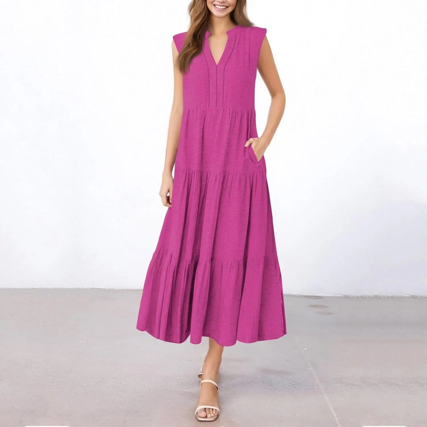 Womens Summer Casual Sleeveless V Neck Maxi Dress 2025 Spring Tie Waist A-Line Flowy Tiered Boho Long Beach Sundress