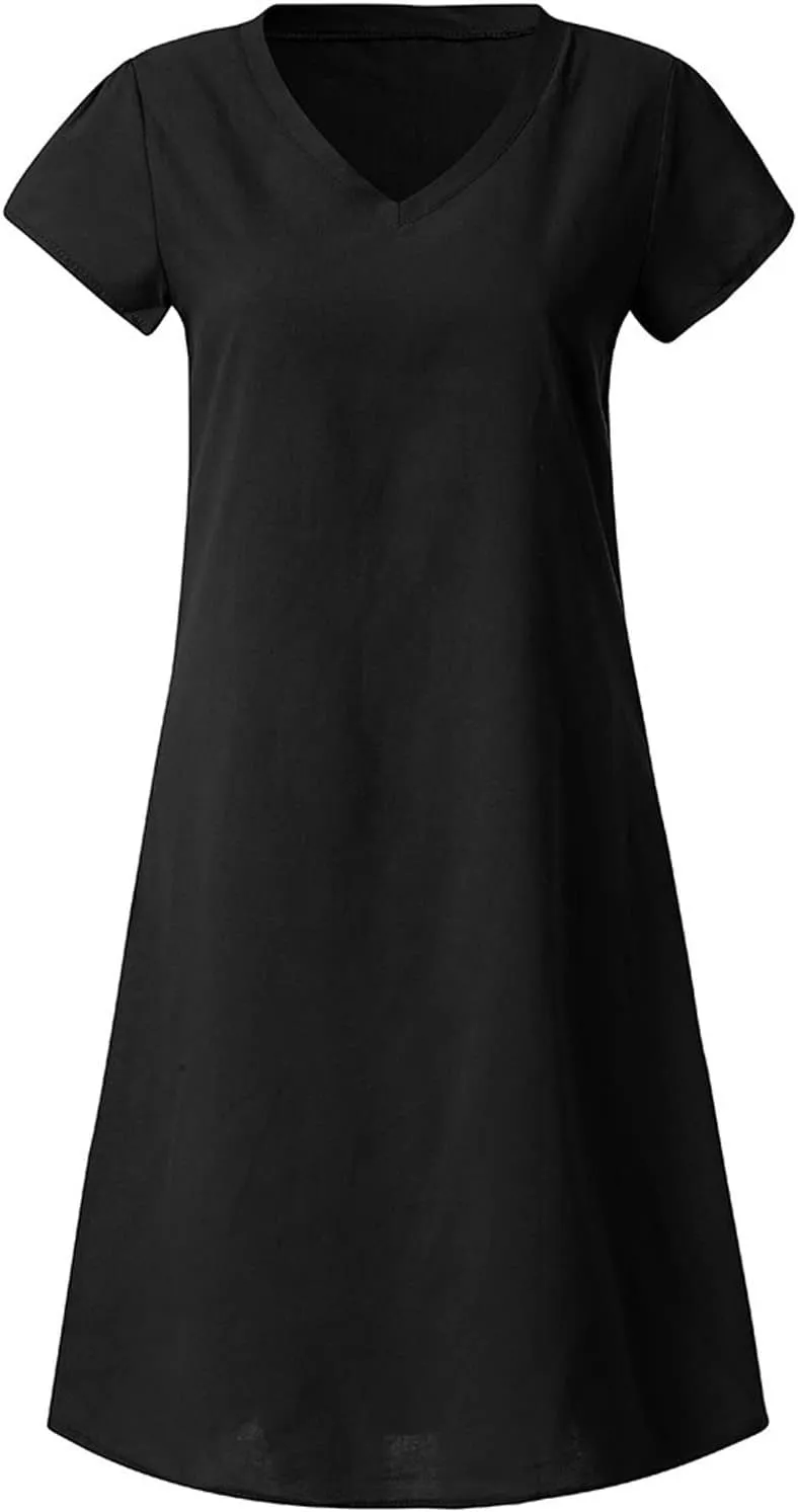 Women's Summer Cotton Linen Dress Loose V-Neck Short Sleeve T-Shirt Dress Solid Beach Dress Casual Maxi Dresses