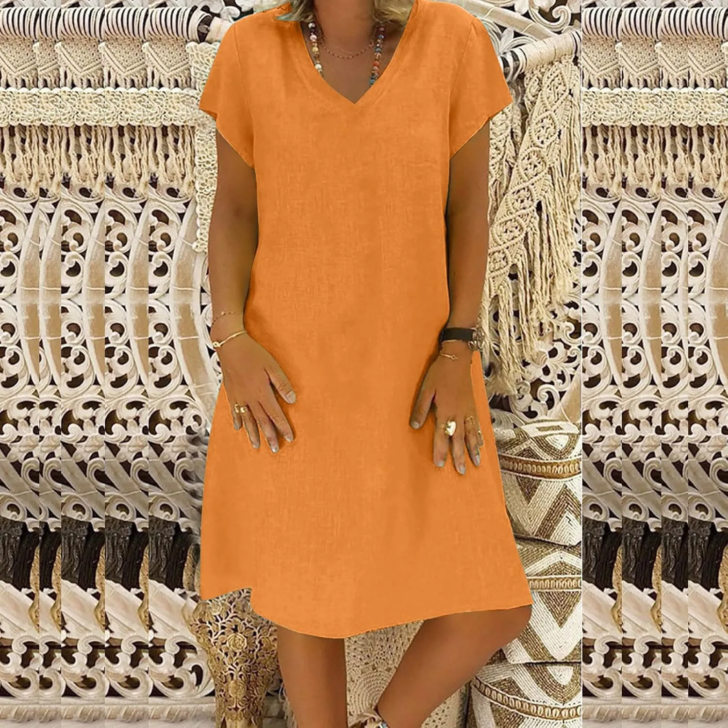 Women's Summer Cotton Linen Dress Loose V-Neck Short Sleeve T-Shirt Dress Solid Beach Dress Casual Maxi Dresses