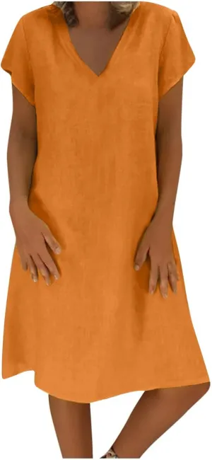 Women's Summer Cotton Linen Dress Loose V-Neck Short Sleeve T-Shirt Dress Solid Beach Dress Casual Maxi Dresses