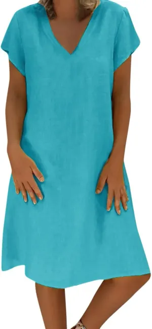 Women's Summer Cotton Linen Dress Loose V-Neck Short Sleeve T-Shirt Dress Solid Beach Dress Casual Maxi Dresses