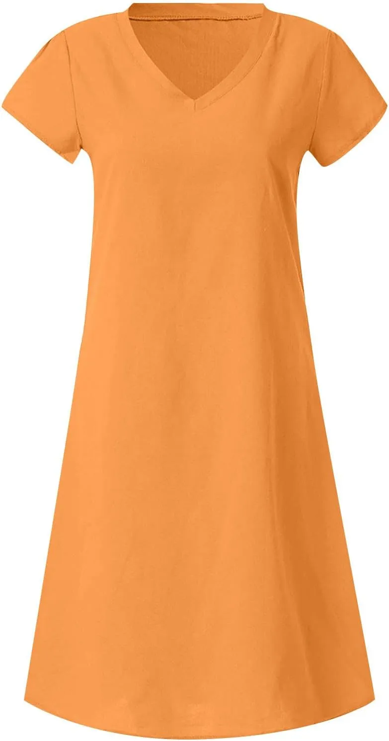 Women's Summer Cotton Linen Dress Loose V-Neck Short Sleeve T-Shirt Dress Solid Beach Dress Casual Maxi Dresses
