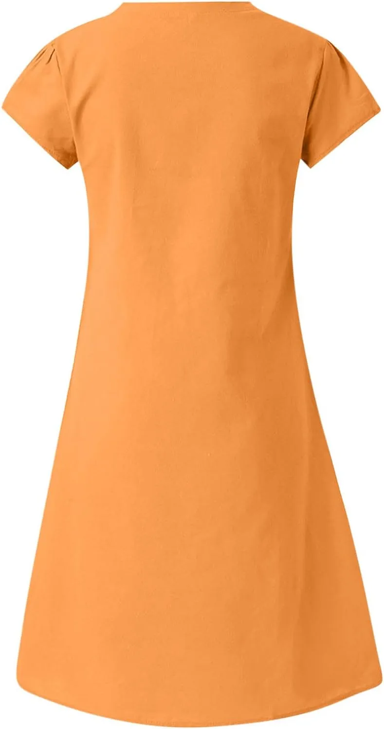 Women's Summer Cotton Linen Dress Loose V-Neck Short Sleeve T-Shirt Dress Solid Beach Dress Casual Maxi Dresses