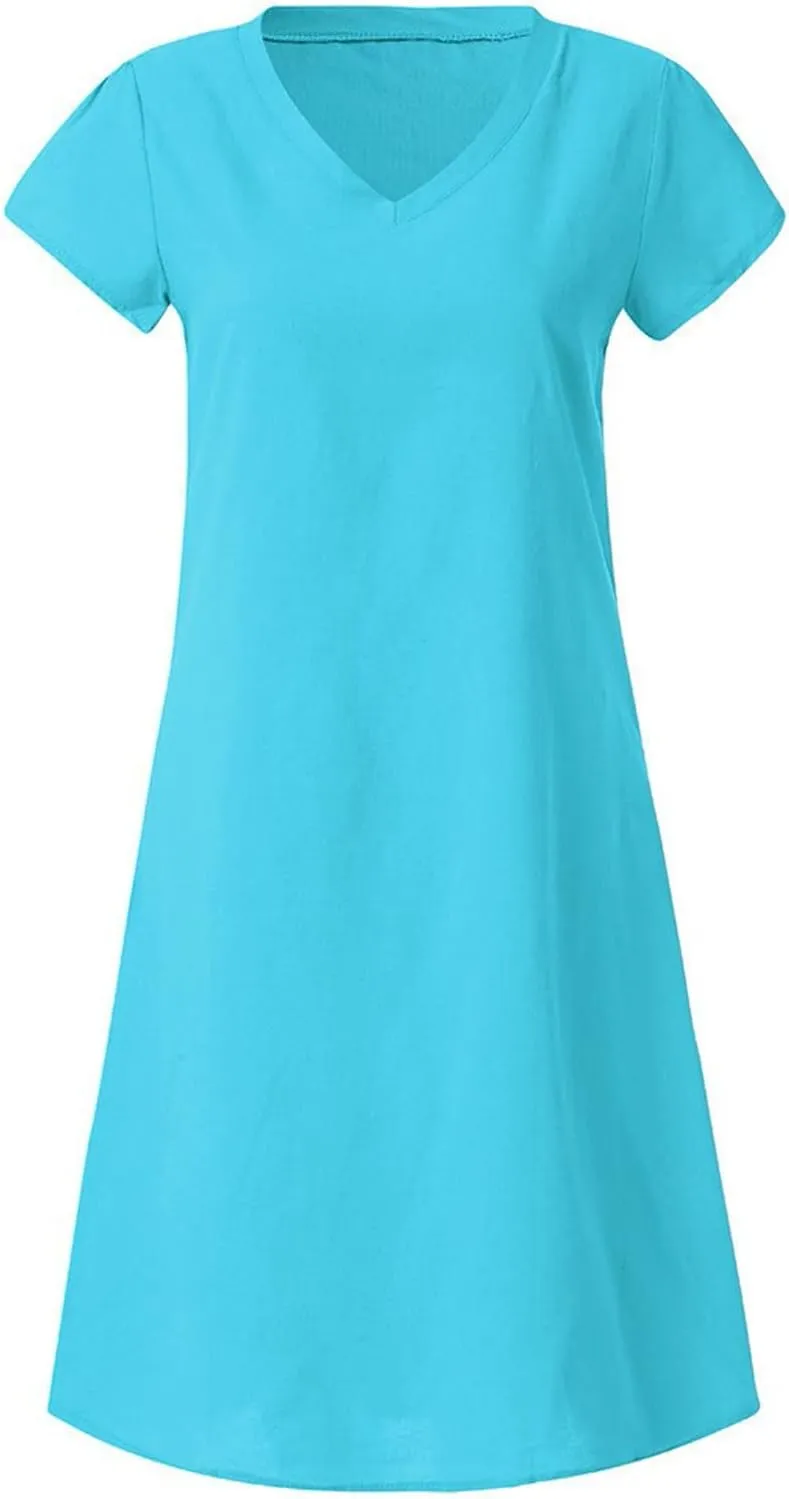Women's Summer Cotton Linen Dress Loose V-Neck Short Sleeve T-Shirt Dress Solid Beach Dress Casual Maxi Dresses