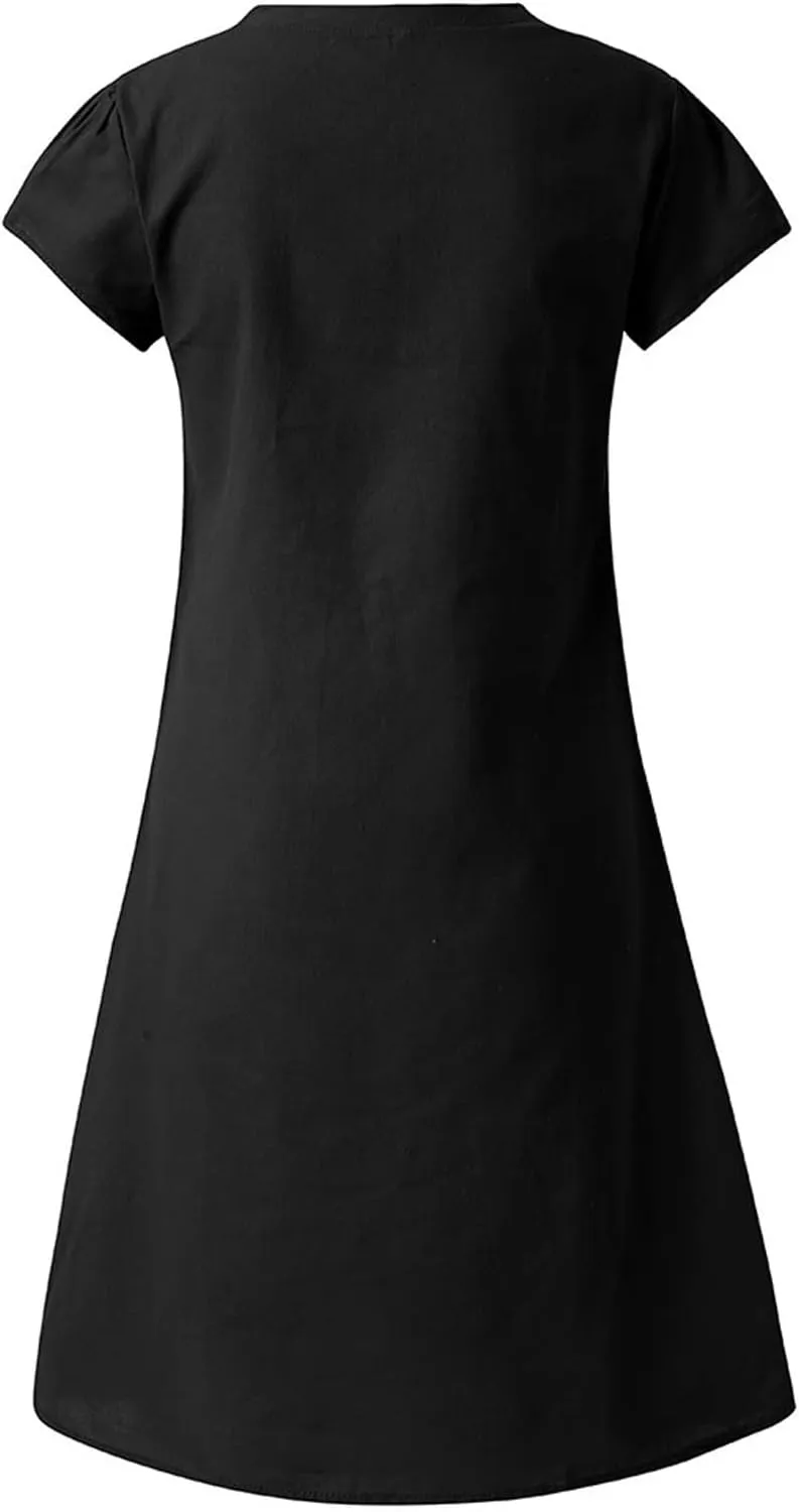Women's Summer Cotton Linen Dress Loose V-Neck Short Sleeve T-Shirt Dress Solid Beach Dress Casual Maxi Dresses