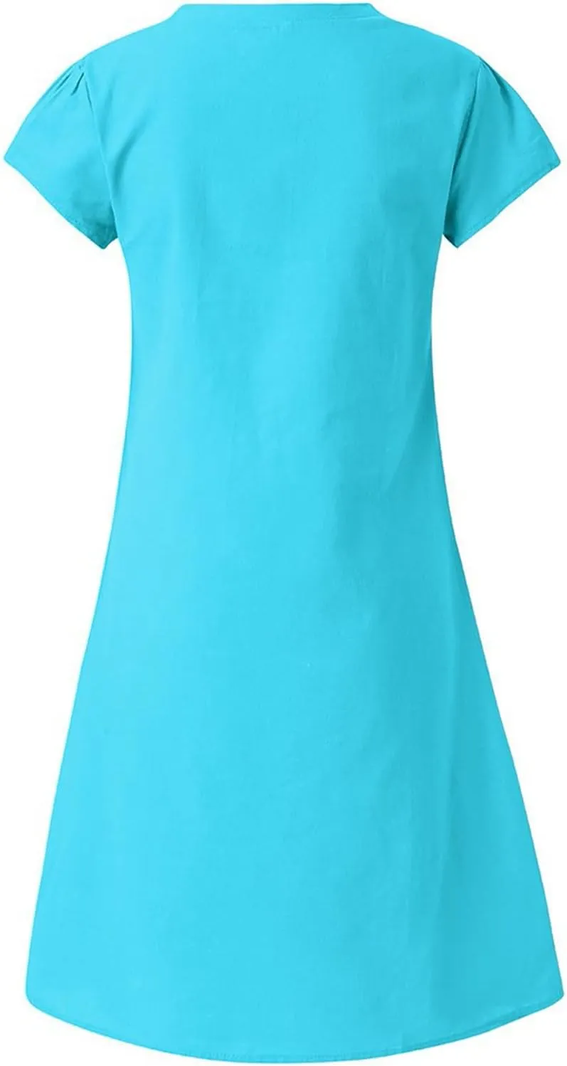 Women's Summer Cotton Linen Dress Loose V-Neck Short Sleeve T-Shirt Dress Solid Beach Dress Casual Maxi Dresses