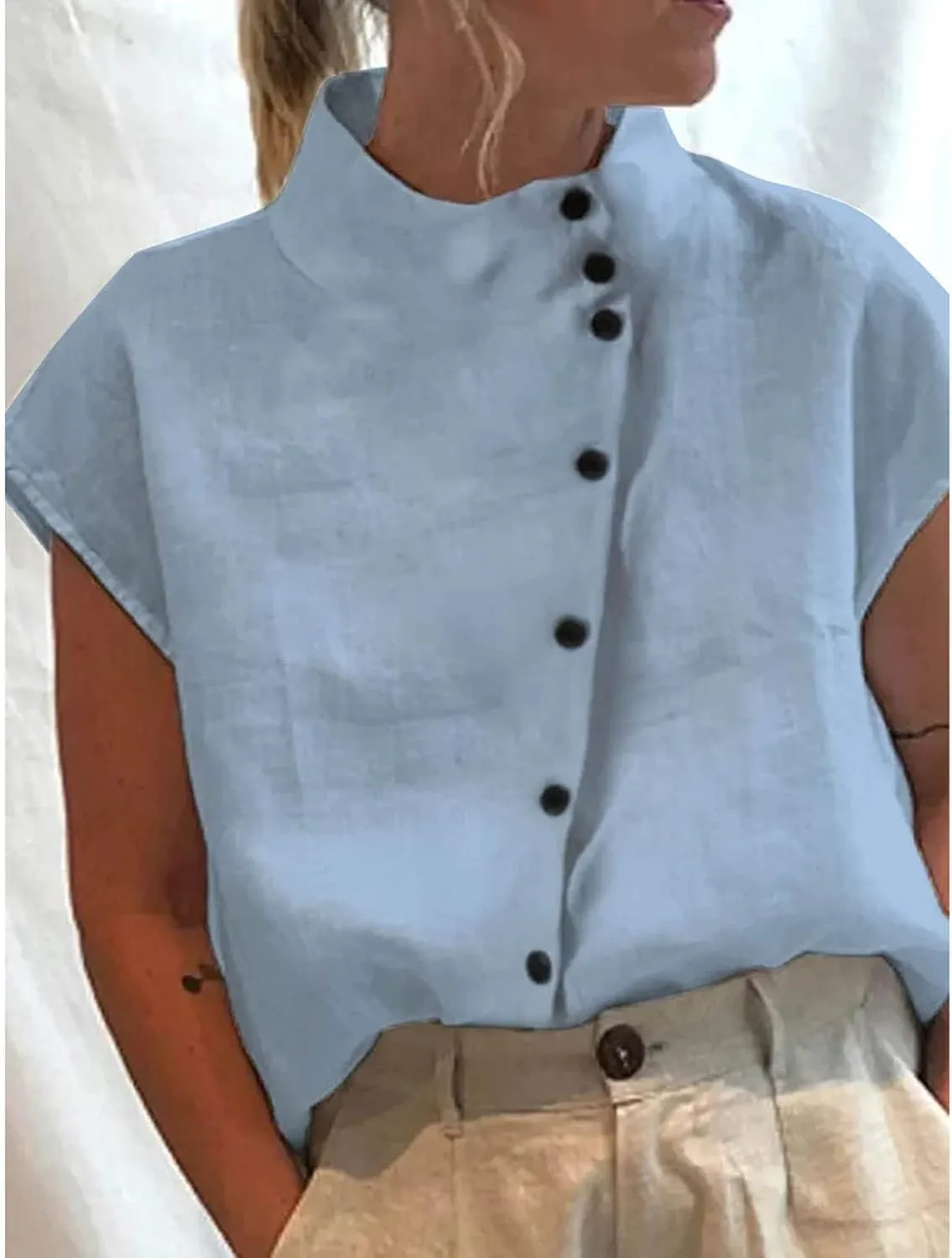 Womens Summer Cotton Linen Tops Cap Sleeve Mock Neck Casual Loose Fit Blouses Hollow Out Comfy Tshirts Shirts