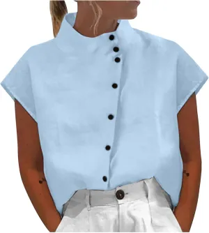 Womens Summer Cotton Linen Tops Cap Sleeve Mock Neck Casual Loose Fit Blouses Hollow Out Comfy Tshirts Shirts