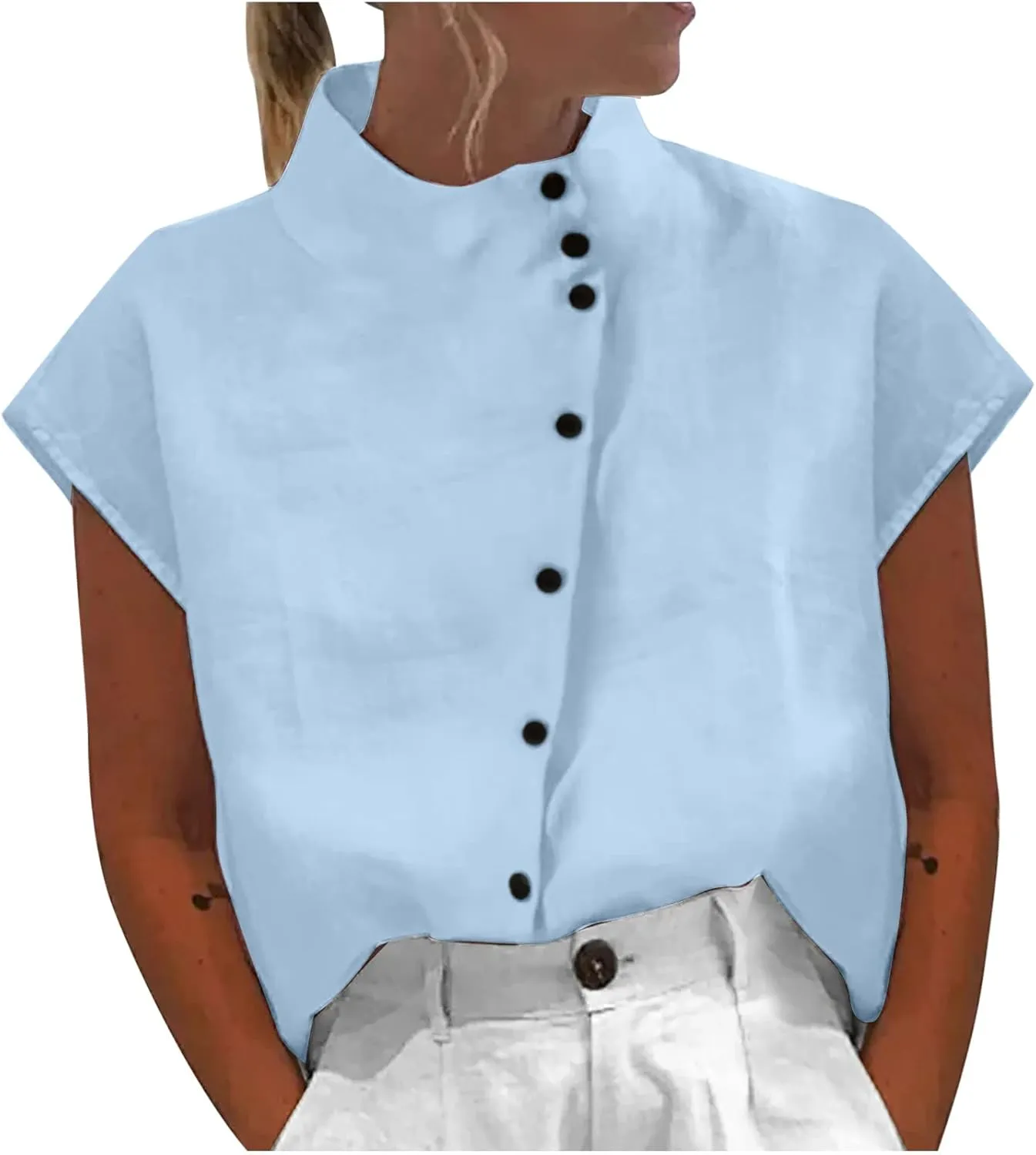 Womens Summer Cotton Linen Tops Cap Sleeve Mock Neck Casual Loose Fit Blouses Hollow Out Comfy Tshirts Shirts