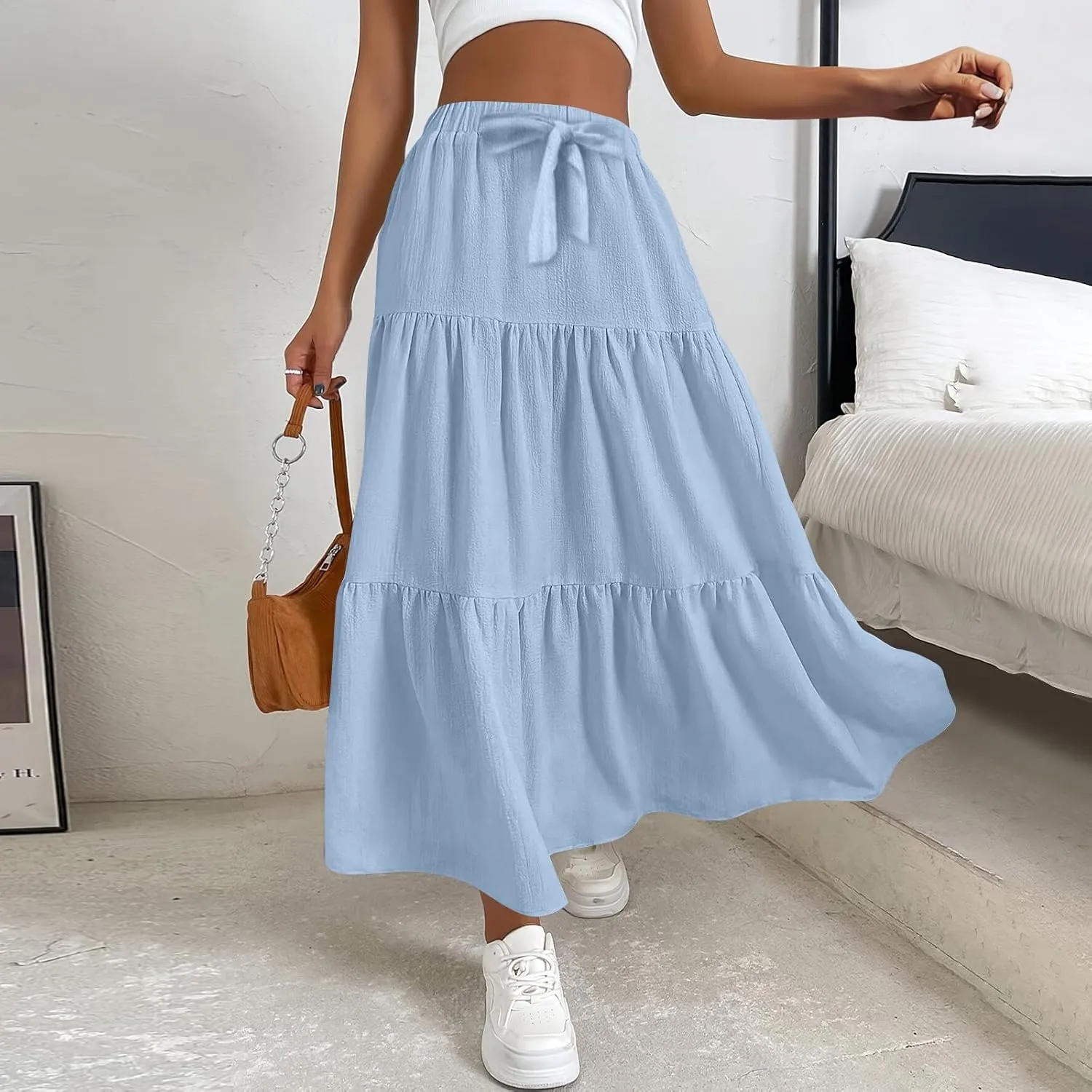 Women's Summer Flowy Swing Midi Skirts Boho High Elastic Waist Fake Drawstring Floral Print A line Casual Cute Skirt