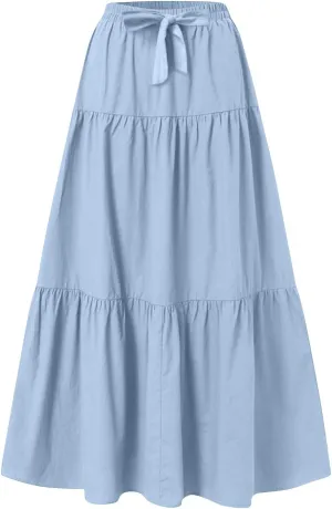 Women's Summer Flowy Swing Midi Skirts Boho High Elastic Waist Fake Drawstring Floral Print A line Casual Cute Skirt