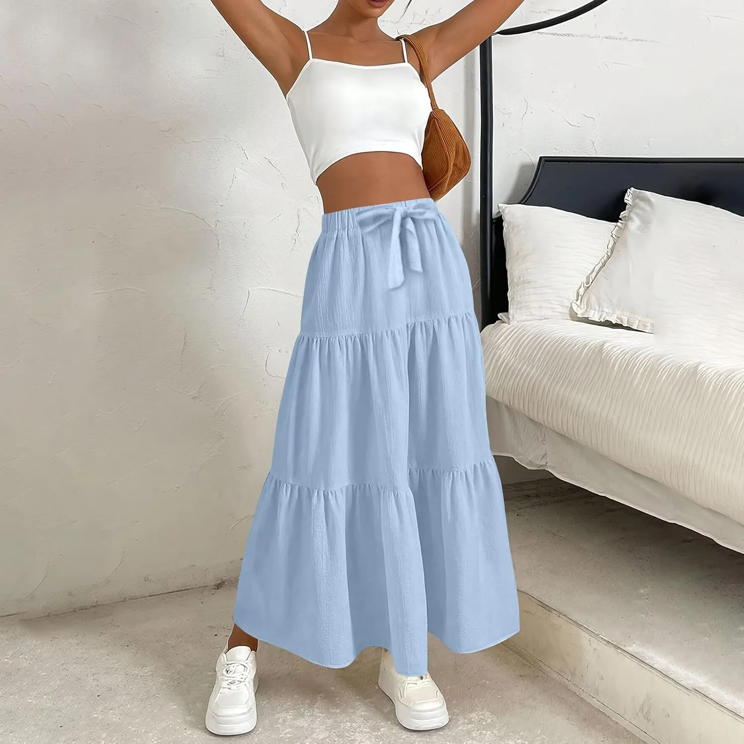 Women's Summer Flowy Swing Midi Skirts Boho High Elastic Waist Fake Drawstring Floral Print A line Casual Cute Skirt