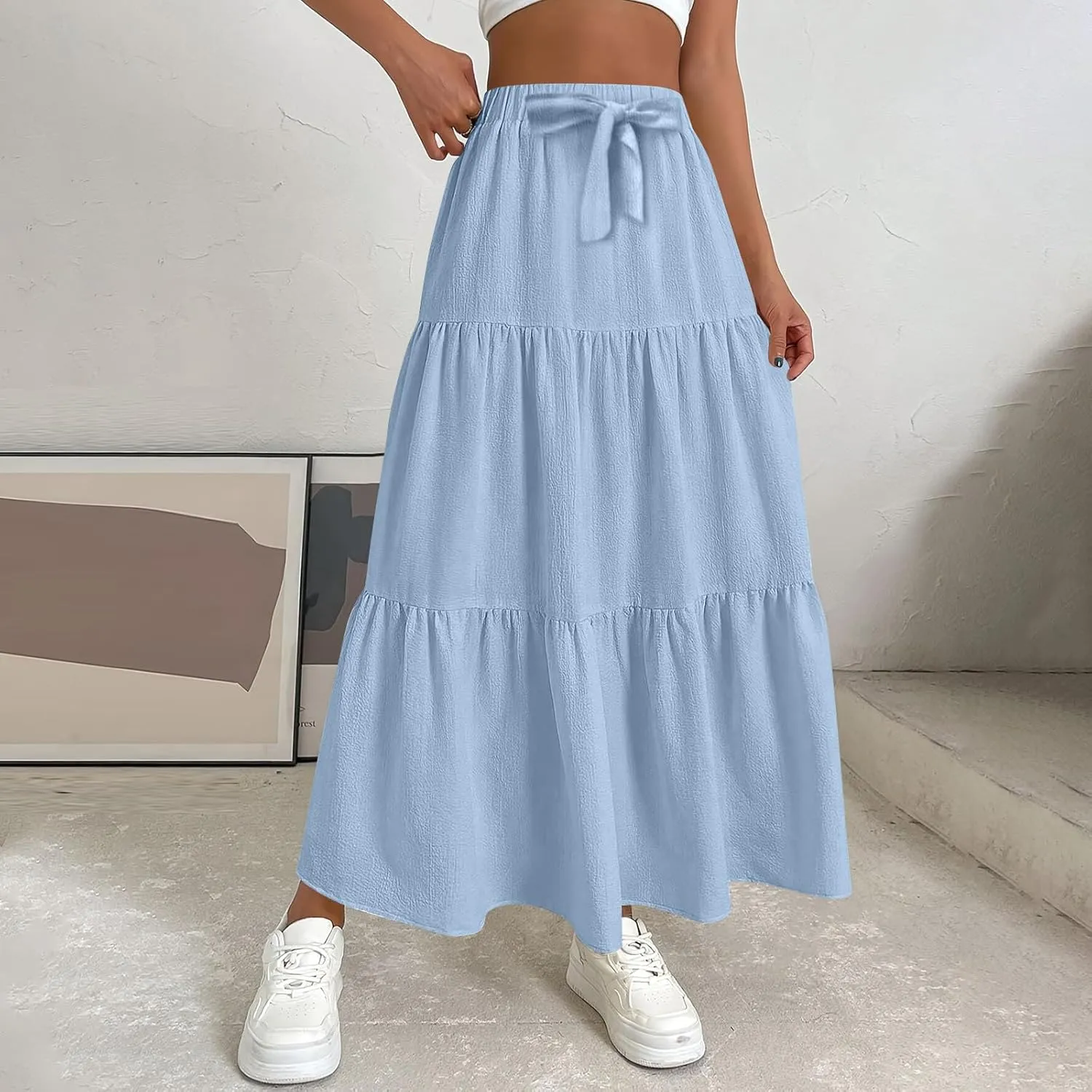 Women's Summer Flowy Swing Midi Skirts Boho High Elastic Waist Fake Drawstring Floral Print A line Casual Cute Skirt