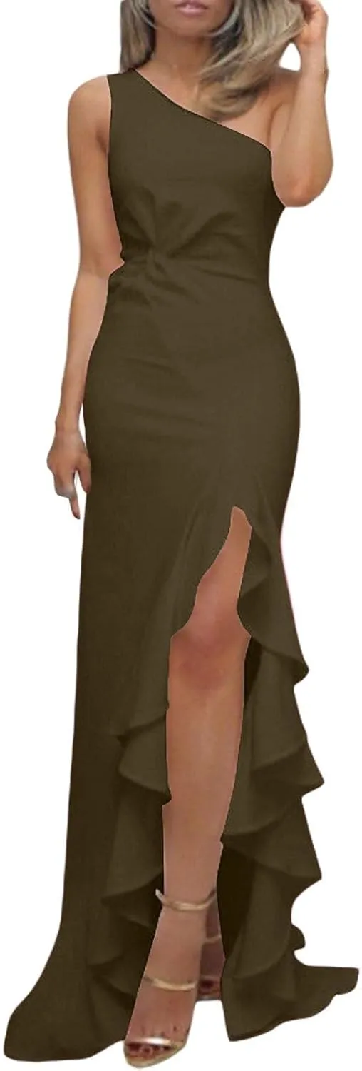 Women's Summer Formal Wedding Guest Dress Off Shoulder High Slit Maxi Bodycorn Dress Ruffle Hem Long Dresses
