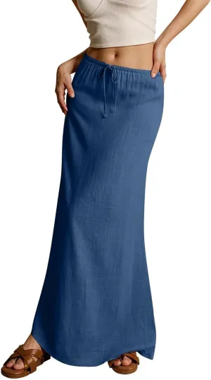 Women's Summer Linen Maxi Skirts Casual Flowy Tiered A-Line Elastic Waist Skirt