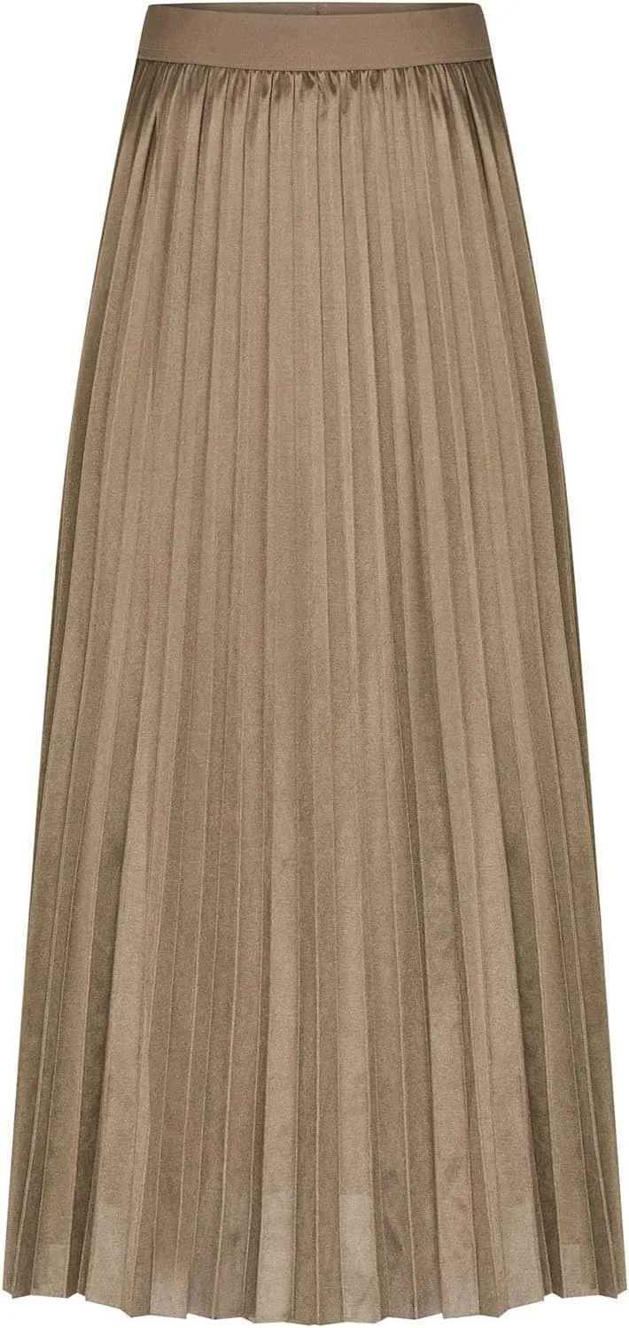 Women's Summer Midi Satin Skirt Dressy Casual High Waisted Pleated Elastic Waist A Line Flowy Elegant Skirts