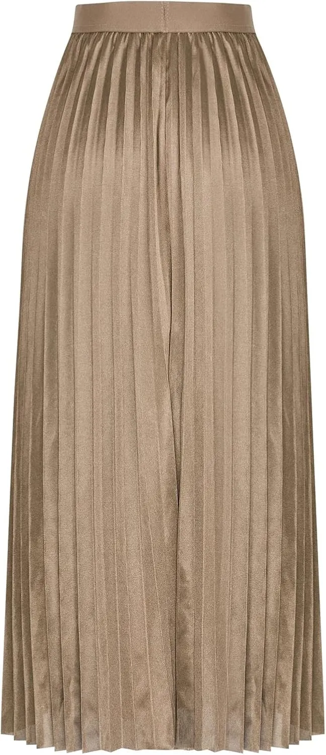 Women's Summer Midi Satin Skirt Dressy Casual High Waisted Pleated Elastic Waist A Line Flowy Elegant Skirts