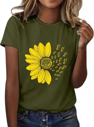 Women's Summer Sunflower T Shirt Cute Flower Graphic Loose Tees Crew Neck Short Sleeve Casual Tops