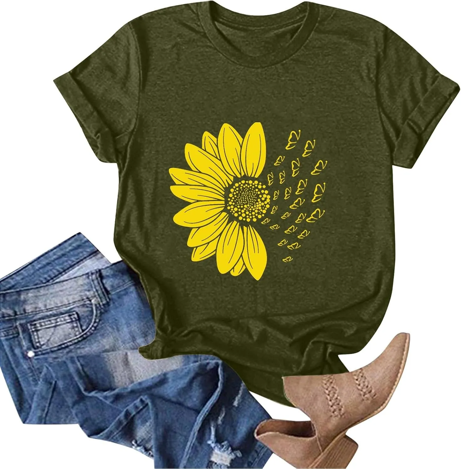 Women's Summer Sunflower T Shirt Cute Flower Graphic Loose Tees Crew Neck Short Sleeve Casual Tops