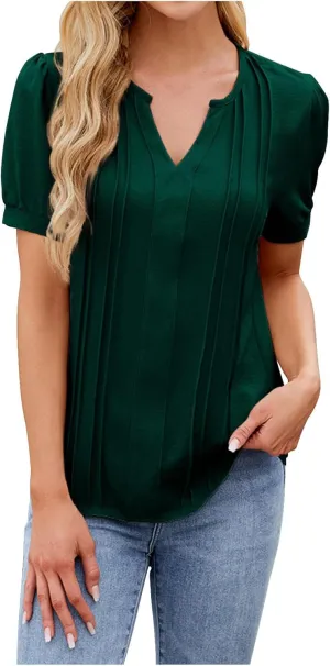 Women's Summer Tops Dressy Casual Blouses Puff Sleeve Short Sleeves Business Tunic Top V Neck Casual Loose Shirts