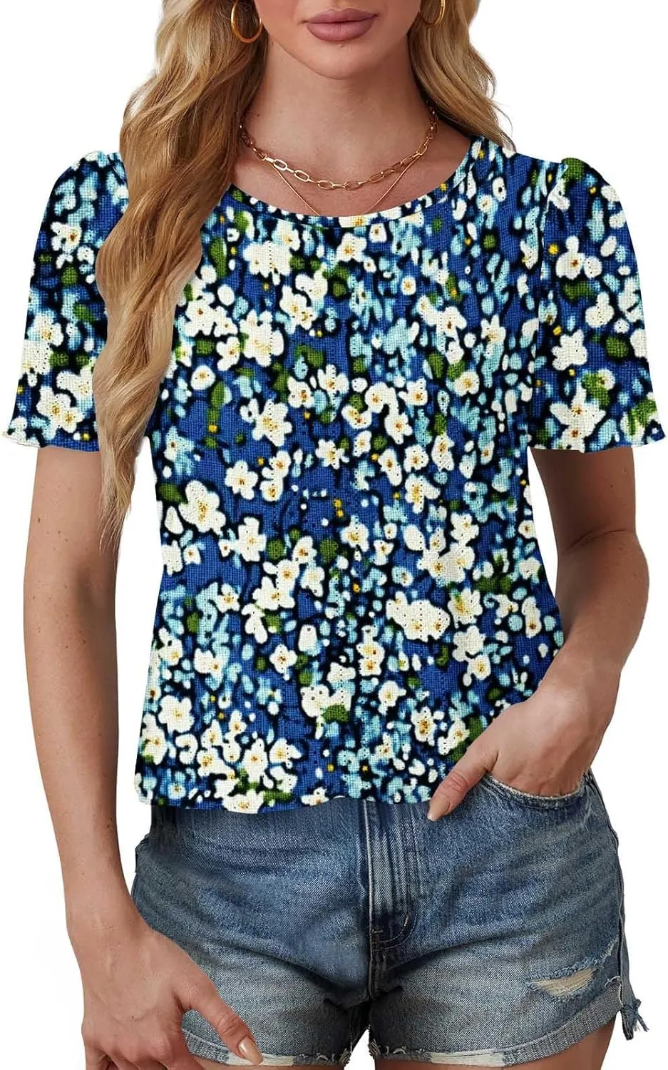 Womens Summer Tops Trendy Boho Floral Blouses Crewneck T-Shirts Casual Loose Tunic Blouses Going Out Basic Tees