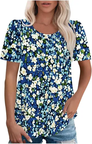 Womens Summer Tops Trendy Boho Floral Blouses Crewneck T-Shirts Casual Loose Tunic Blouses Going Out Basic Tees