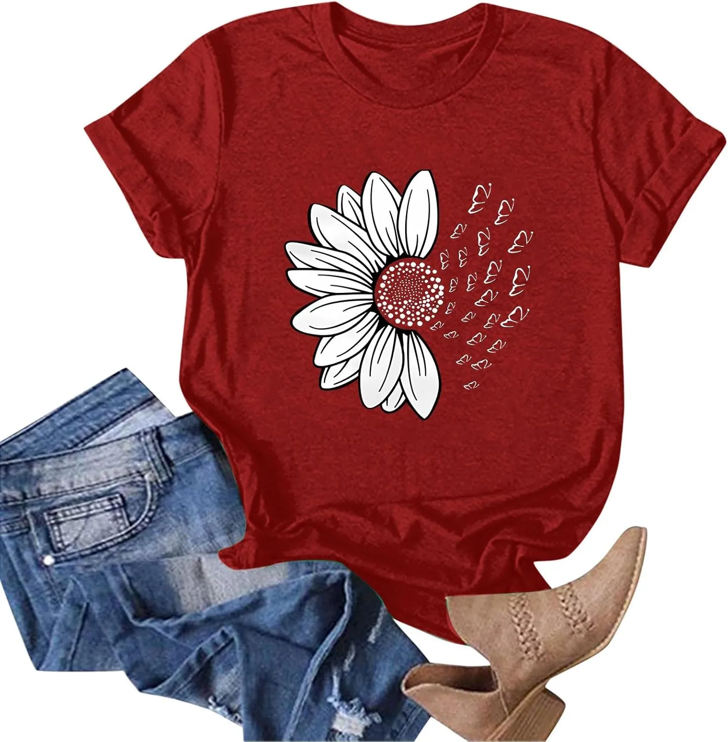Womens Sunflower Butterfly Graphic T Shirts Plus Size Summer Short Sleeve Crewneck Tees Casual Loose Lightweight Top