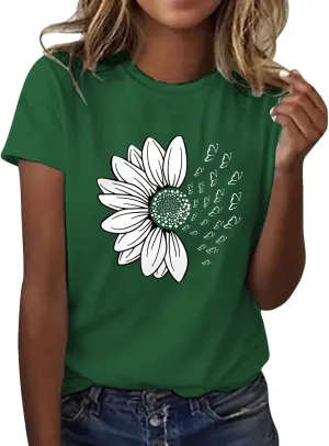 Womens Sunflower Butterfly Graphic T Shirts Plus Size Summer Short Sleeve Crewneck Tees Casual Loose Lightweight Top