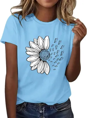 Womens Sunflower Butterfly Graphic T Shirts Plus Size Summer Short Sleeve Crewneck Tees Casual Loose Lightweight Top