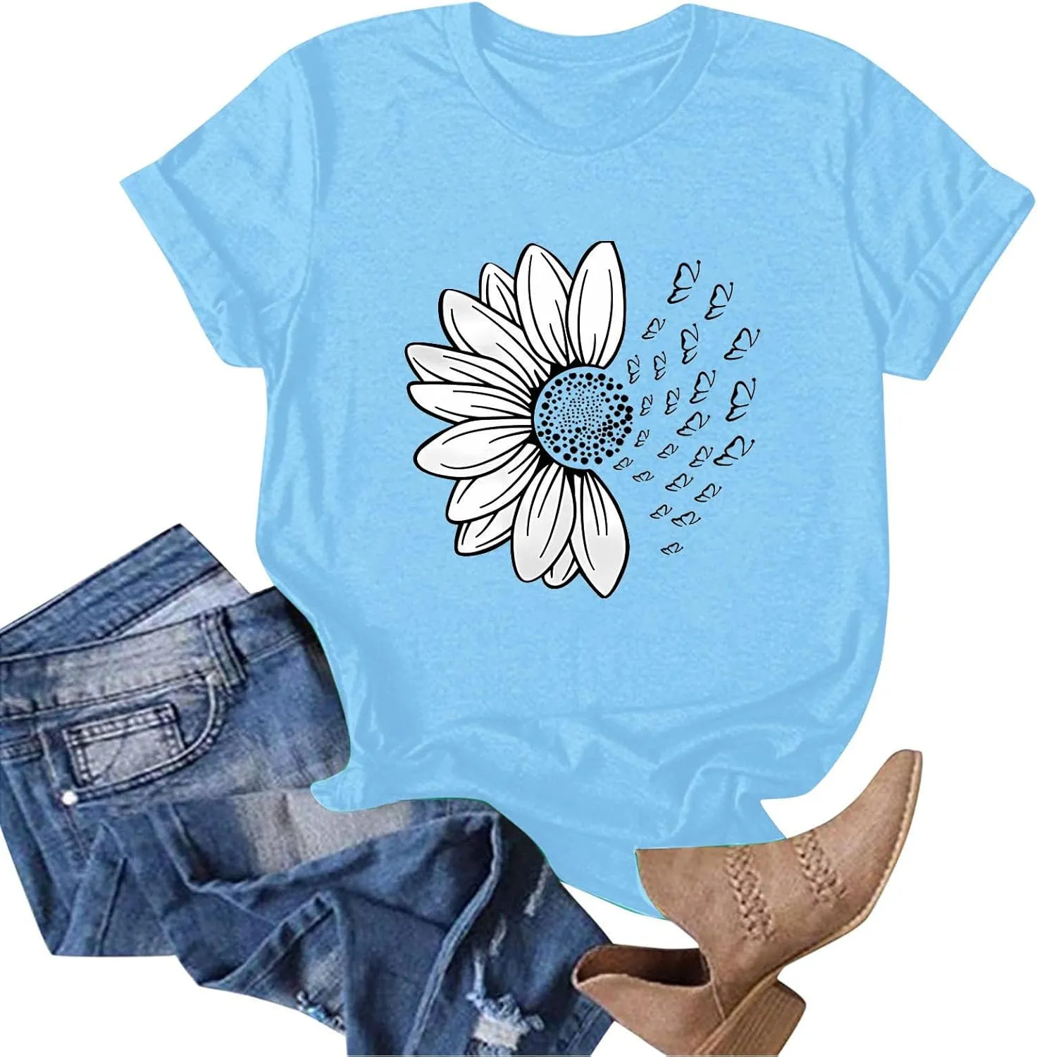Womens Sunflower Butterfly Graphic T Shirts Plus Size Summer Short Sleeve Crewneck Tees Casual Loose Lightweight Top