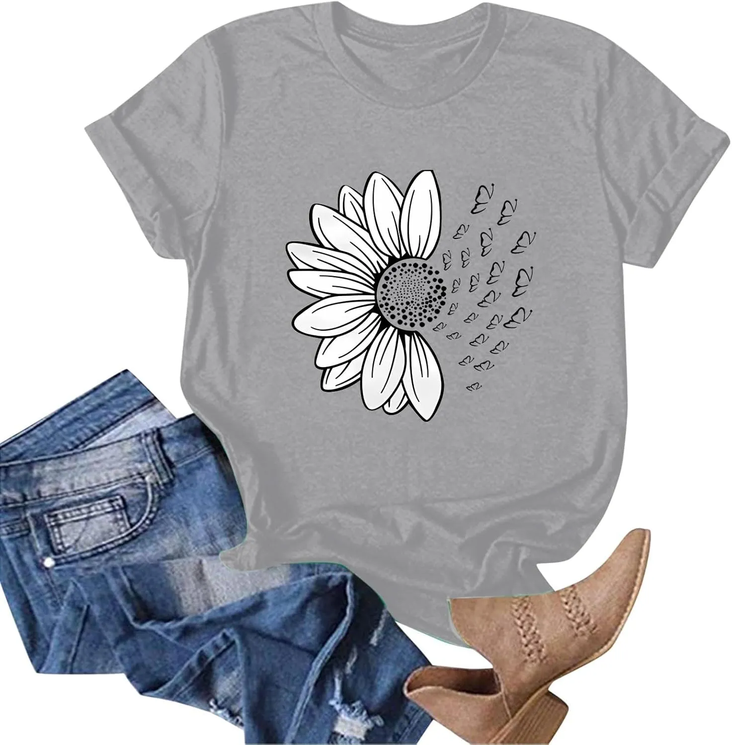 Womens Sunflower Butterfly Graphic T Shirts Plus Size Summer Short Sleeve Crewneck Tees Casual Loose Lightweight Top
