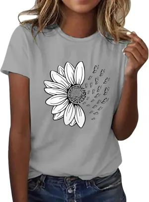 Womens Sunflower Butterfly Graphic T Shirts Plus Size Summer Short Sleeve Crewneck Tees Casual Loose Lightweight Top