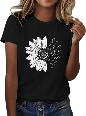 Womens Sunflower Butterfly Graphic T Shirts Plus Size Summer Short Sleeve Crewneck Tees Casual Loose Lightweight Top