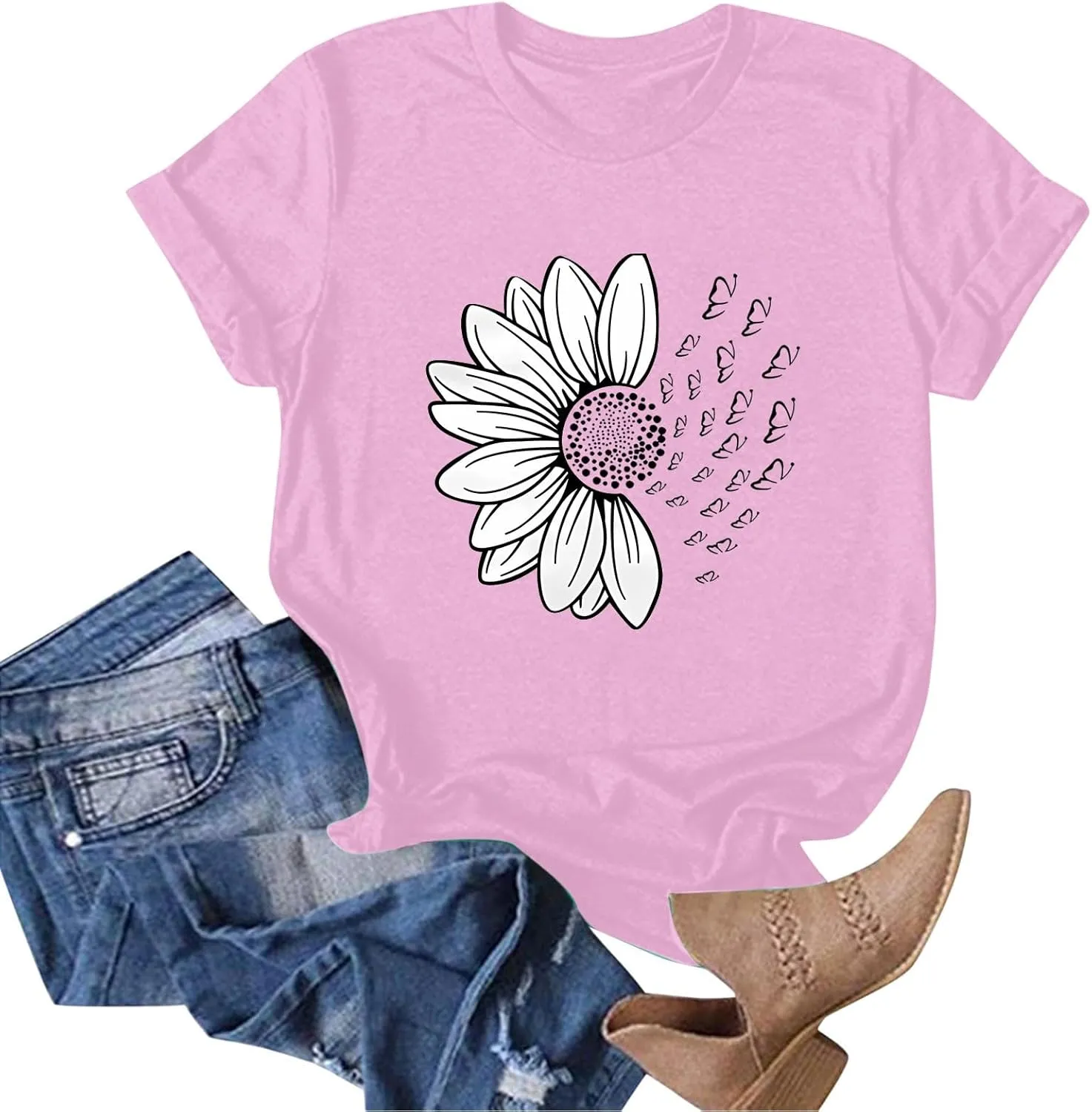 Womens Sunflower Butterfly Graphic T Shirts Plus Size Summer Short Sleeve Crewneck Tees Casual Loose Lightweight Top
